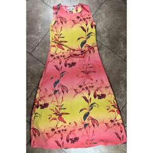 Vintage Y2K Neon Pink Yellow Floral Slip Dress Asymmetrical Tropical Sleeveless